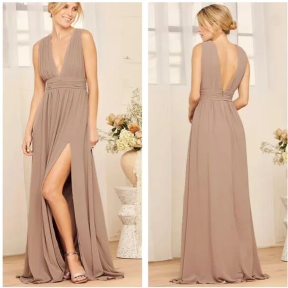 Lulus Heavenly Hues Taupe Tan Maxi Dress Formal Prom Bridesmaid Wedding Size XS - Picture 1 of 10